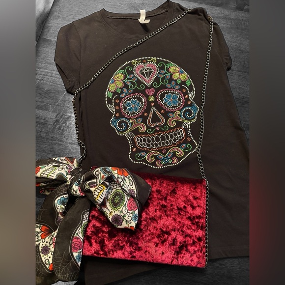 Sugar Skull Style Bundle - Reserved Black Tee, Chesea28 velvet crossbody & Scarf - Picture 1 of 15